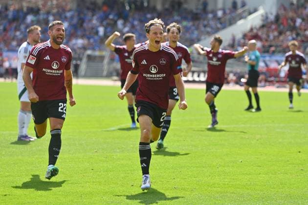 Torjuebl Caspar JANDER (1.FC Nuernberg) nach Tor zum 2-1,li:Enrico VALENTINI (1.FC Nuernberg), Jubel,Freude,Begeisterung,Aktion. Fussball 2.Bundesliga 1.FC Nuernberg - FC Schalke 04 3-1 2.Spieltag am 10.08.2023 Max Morlock Stadion Nuernberg, Saison 2024 25.