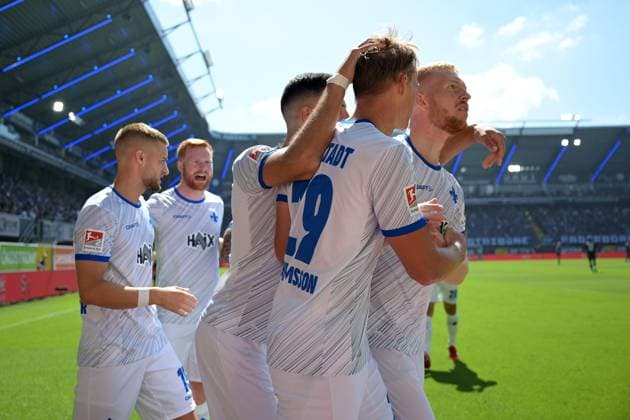 Paderborn, Home Deluxe Arena, 11.08.24, GER, Herren, 2.Bundesliga, Saison 2024-2025, SC Paderborn 07 - SV Darmstadt 98 Bild: Oscar VILHELMSSON (Darmstadt) jubelt nach seinem Tor zum 0:1 Only for editorial use! DFL regulations prohibit any use of photographs as image sequences and or quasi-video. NRW Deutschland