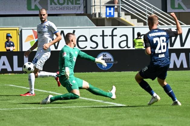 Paderborn, Home Deluxe Arena, 11.08.24, GER, Herren, 2.Bundesliga, Saison 2024-2025, SC Paderborn 07 - SV Darmstadt 98 Bild: Sebastian KLAAS (Paderborn) macht das Tor zum 1:1 Only for editorial use! DFL regulations prohibit any use of photographs as image sequences and or quasi-video. NRW Deutschland
