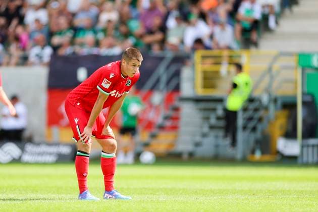 Nicolo Tresoldi (Hannover 96) schaut enttaeuscht, 2. Bundesliga, Preußen Münster vs Hannover 96, Preußenstadion, 11.08.2024, Münster, Deutschland.