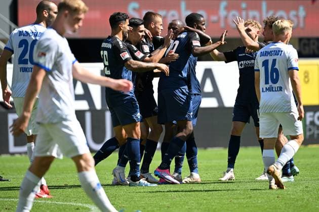 Paderborn, Home Deluxe Arena, 11.08.24, GER, Herren, 2.Bundesliga, Saison 2024-2025, SC Paderborn 07 - SV Darmstadt 98 Bild: Ilyas ANSAH (Paderborn) jubelt nach seinem Tor zum 3:1 Only for editorial use! DFL regulations prohibit any use of photographs as image sequences and or quasi-video. NRW Deutschland