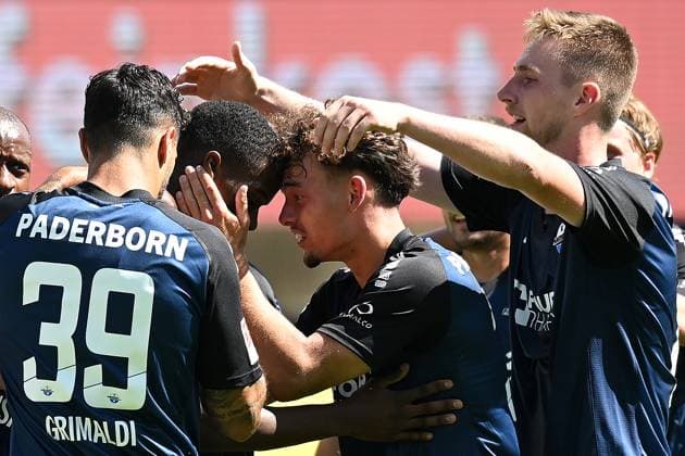 Paderborn, Home Deluxe Arena, 11.08.24, GER, Herren, 2.Bundesliga, Saison 2024-2025, SC Paderborn 07 - SV Darmstadt 98 Bild: Ilyas ANSAH (Paderborn) jubelt nach seinem Tor zum 3:1 Only for editorial use! DFL regulations prohibit any use of photographs as image sequences and or quasi-video. NRW Deutschland