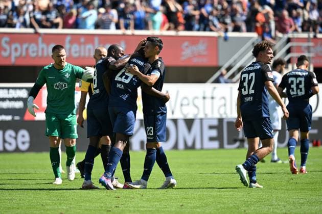 Paderborn, Home Deluxe Arena, 11.08.24, GER, Herren, 2.Bundesliga, Saison 2024-2025, SC Paderborn 07 - SV Darmstadt 98 Bild: Ilyas ANSAH (Paderborn) jubelt nach seinem Tor zum 3:1 Only for editorial use! DFL regulations prohibit any use of photographs as image sequences and or quasi-video. NRW Deutschland