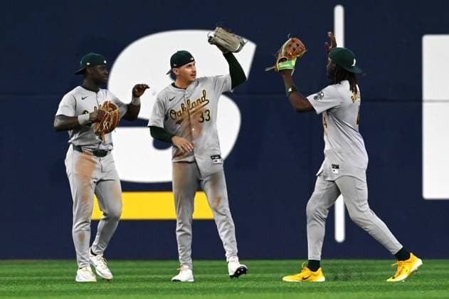 August 11, 2024, Toronto, On, Canada: From left to right, Oakland Athletics Daz Cameron, J.J. Bleday and Lawrence Butler celebrate after their victory over the Toronto Blue Jays in an MLB, Baseball Herren, USA baseball game in Toronto on Sunday, Aug 11, 2024. Daz Cameron, J.J. Bleday, Lawrence Butler - ZUMAc35_ 20240811_zaf_c35_068 Copyright: xJonxBlackerx