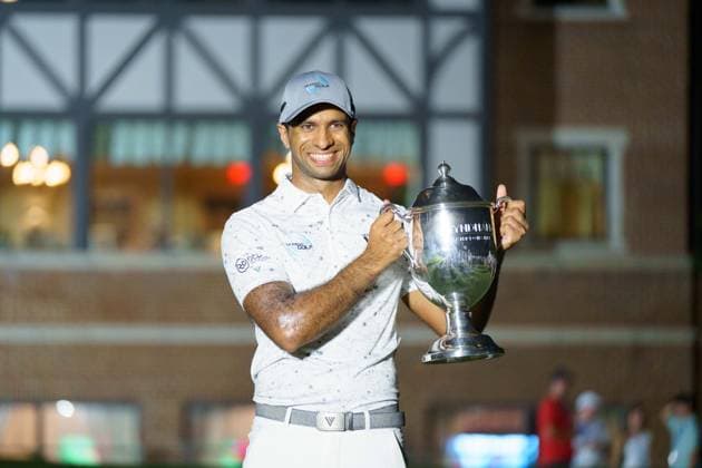 August 11, 2024, Greensboro, North Carolina, USA: AARON RAI holds his 1st place trophy after winning the 2024 Wyndham Championship at Sedgefield Country Club in Greensboro, NC. Greensboro USA - ZUMAb238 20240811_zsp_b238_011 Copyright: xJoshxBrownx