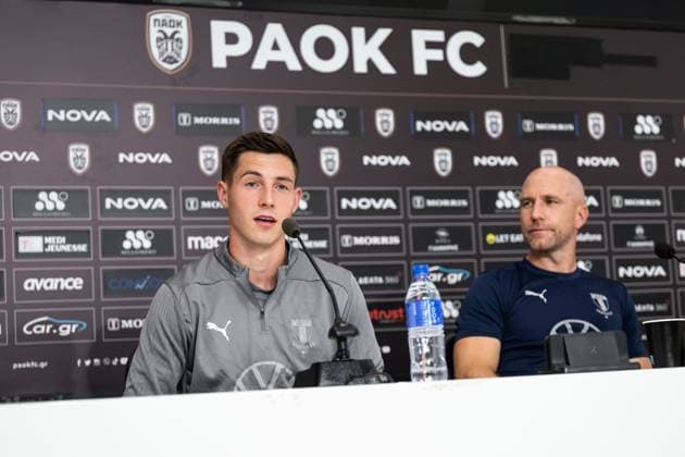 240812 Lasse Berg Johnsen and head coach Henrik Rydström of Malmö FF during a press conference, PK, Pressekonferenz with Malmö FF on August 12, 2024 in Thessaloniki. Photo: Mathilda Ahlberg BILDBYRAN kod MA MA0701 fotboll football soccer fotball champions league presskonferens press conference malmö ff bbeng Copyright: MATHILDAxAHLBERG BB240812MA034