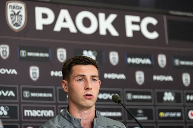 240812 Lasse Berg Johnsen of Malmö FF during a press conference, PK, Pressekonferenz with Malmö FF on August 12, 2024 in Thessaloniki. Photo: Mathilda Ahlberg BILDBYRAN kod MA MA0701 fotboll football soccer fotball champions league presskonferens press conference malmö ff bbeng Copyright: MATHILDAxAHLBERG BB240812MA036