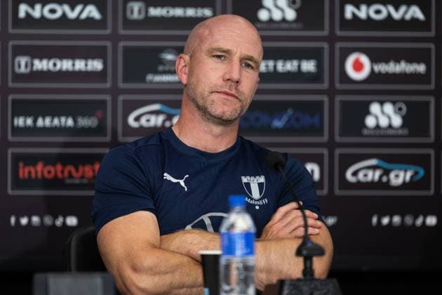 240812 Head coach Henrik Rydström of Malmö FF during a press conference, PK, Pressekonferenz with Malmö FF on August 12, 2024 in Thessaloniki. Photo: Mathilda Ahlberg BILDBYRAN kod MA MA0701 fotboll football soccer fotball champions league presskonferens press conference malmö ff bbeng Copyright: MATHILDAxAHLBERG BB240812MA038