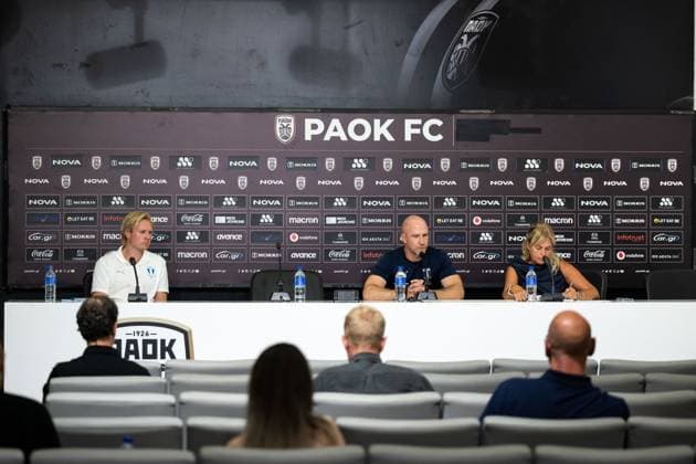240812 Head coach Henrik Rydström during a press conference, PK, Pressekonferenz with Malmö FF on August 12, 2024 in Thessaloniki. Photo: Mathilda Ahlberg BILDBYRAN kod MA MA0701 fotboll football soccer fotball champions league presskonferens press conference malmö ff bbeng Copyright: MATHILDAxAHLBERG BB240812MA043