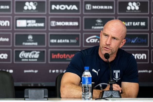 240812 Head coach Henrik Rydström during a press conference, PK, Pressekonferenz with Malmö FF on August 12, 2024 in Thessaloniki. Photo: Mathilda Ahlberg BILDBYRAN kod MA MA0701 fotboll football soccer fotball champions league presskonferens press conference malmö ff bbeng Copyright: MATHILDAxAHLBERG BB240812MA045