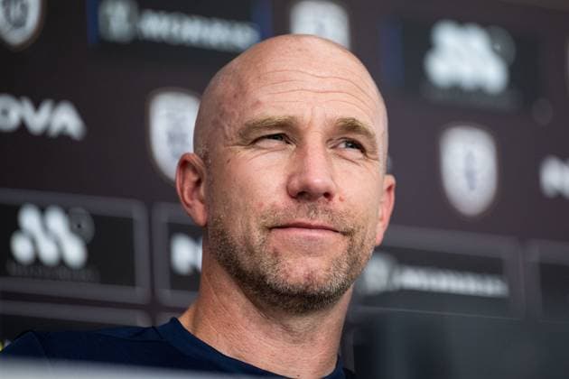 240812 Head coach Henrik Rydström during a press conference, PK, Pressekonferenz with Malmö FF on August 12, 2024 in Thessaloniki. Photo: Mathilda Ahlberg BILDBYRAN kod MA MA0701 fotboll football soccer fotball champions league presskonferens press conference malmö ff bbeng Copyright: MATHILDAxAHLBERG BB240812MA047