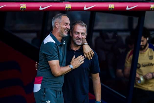 Sport Themen der Woche KW33 August 12, 2024, Barcelona, Barcelona, Spain: Hansi Flick, head coach of FC Barcelona, Barca saludates to Adi Hutter, head coach of AS Monaco, during the Trofeo Joan Gamper, match played between FC Barcelona and AS Monaco at Estadio Olimpico de Montjuic on August 12, 2024 in Barcelona, Spain. Barcelona Spain - ZUMAa181 20240812_zaa_a181_071 Copyright: xJavierxBorregox