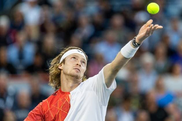 August 12, 2024, Montreal, Quebec, Canada: ANDREY RUBLEV serving in first set against Alexei Popyrin from Australia in final of Canadian Open at IGA Stadium in Montreal, Quebec, Canada Montreal Canada - ZUMAl189 20240812_zsp_l189_011 Copyright: xYannickxLegarex