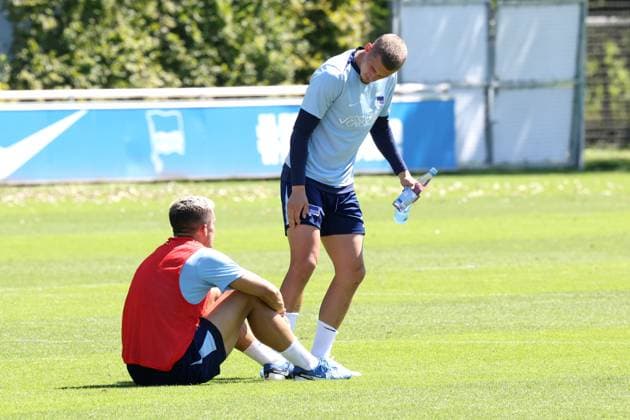 DEU, DFL, 2. FBL Hertha BSC, Training, 13.08.2024, Sportforum, Berlin, DEU, DFL, 2. FBL Hertha BSC, Training, im Bild Marc Oliver Kempf (Hertha BSC Berlin 4), Michael Cuisance (Hertha BSC Berlin 27), DFL - regulations prohibit any use of Photographs as image sequences and or quasi-video Foto: Juergen Engler nordphoto GmbH