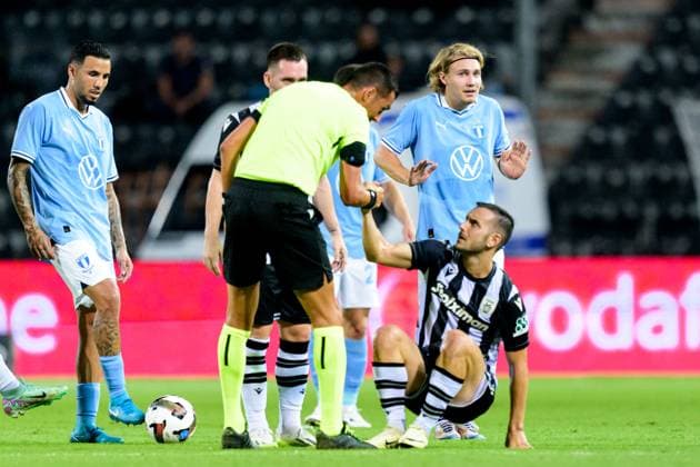240813 Sebastian Nanasi of Malmö FF reacts during the UEFA Champions League football match between PAOK and Malmö FF on August 13, 2024 in Thessaloniki. Photo: Mathilda Ahlberg BILDBYRAN kod MA MA0703 fotboll football soccer fotball champions league paok malmö ff bbeng bbauto Copyright: MATHILDAxAHLBERG BB240813MA042