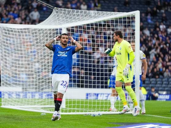 Jefte Vital Da Silva Dias of Rangers reacts after heading the ball wide of the Dynamo Kyiv goal. Rangers v Dynamo Kyiv, UEFA Champions League, Third Qualifying Round, Second Leg, Football, Hampden Park, Glasgow, UK, 13 Aug 2024 EDITORIAL USE ONLY No use with unauthorised audio, video, data, fixture lists, club league logos or live services. Online in-match use limited to 120 images, no video emulation. No use in betting, games or single club league player publications. Copyright: xStuartxWallace Shutterstockx 14633326j