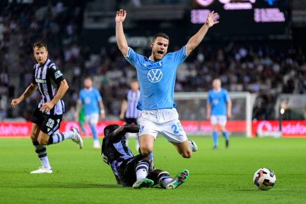 240813 Gabriel Busanello of Malmö FF during the UEFA Champions League football match between PAOK and Malmö FF on August 13, 2024 in Thessaloniki. Photo: Mathilda Ahlberg BILDBYRAN kod MA MA0703 fotboll football soccer fotball champions league paok malmö ff bbeng bbauto Copyright: MATHILDAxAHLBERG BB240813MA092