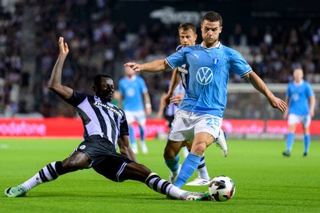 240813 Gabriel Busanello of Malmö FF during the UEFA Champions League football match between PAOK and Malmö FF on August 13, 2024 in Thessaloniki. Photo: Mathilda Ahlberg BILDBYRAN kod MA MA0703 fotboll football soccer fotball champions league paok malmö ff bbeng Copyright: MATHILDAxAHLBERG BB240813MA094