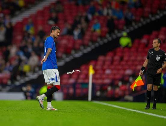 13th August 2024; Hampden Park, Glasgow, Scotland; Champions League Qualifying Football, Second Leg, Rangers versus Dynamo Kyiv; Jefte of Rangers reacts to his red card in the 50th minute  ActionPlus12681283 VagelisxGeorgariou