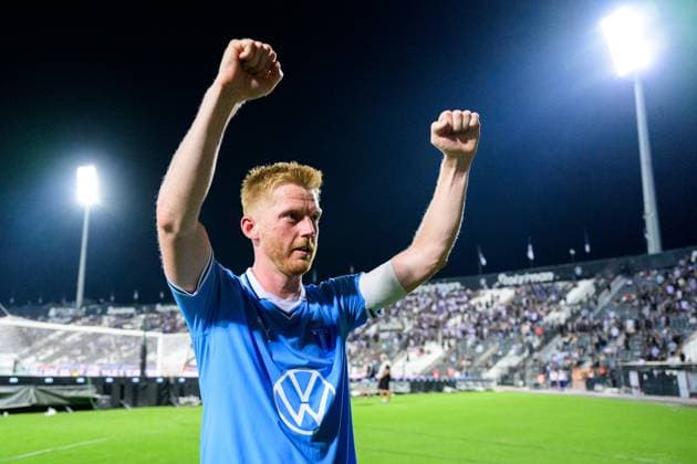 240813 Anders Christiansen of Malmö FF celebrates after the UEFA Champions League football match between PAOK and Malmö FF on August 13, 2024 in Thessaloniki. Photo: Mathilda Ahlberg BILDBYRAN kod MA MA0703 fotboll football soccer fotball champions league paok malmö ff bbeng jubel Copyright: MATHILDAxAHLBERG BB240813MA102