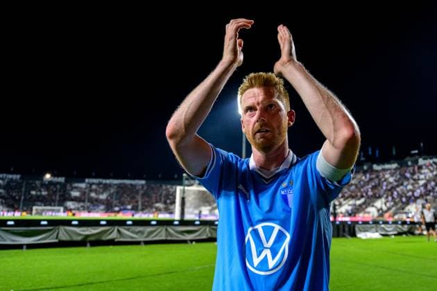 240813 Anders Christiansen of Malmö FF celebrates after the UEFA Champions League football match between PAOK and Malmö FF on August 13, 2024 in Thessaloniki. Photo: Mathilda Ahlberg BILDBYRAN kod MA MA0703 fotboll football soccer fotball champions league paok malmö ff bbeng Copyright: MATHILDAxAHLBERG BB240813MA118