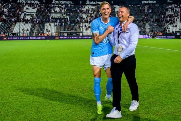 240813 Soren Rieks and Sports director Daniel Andersson of Malmö FF celebrate after the UEFA Champions League football match between PAOK and Malmö FF on August 13, 2024 in Thessaloniki. Photo: Mathilda Ahlberg BILDBYRAN kod MA MA0703 fotboll football soccer fotball champions league paok malmö ff bbeng jubel Copyright: MATHILDAxAHLBERG BB240813MA123