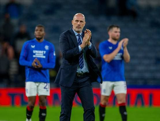 13th August 2024; Hampden Park, Glasgow, Scotland; Champions League Qualifying Football, Second Leg, Rangers versus Dynamo Kyiv; Rangers Manager Philippe Clement leads the players around the pitch to applaud the fans  ActionPlus12681372 VagelisxGeorgariou