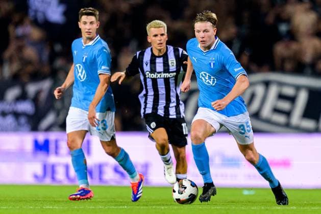 240813 Nils Zätterström of Malmö FF during the UEFA Champions League football match between PAOK and Malmö FF on August 13, 2024 in Thessaloniki. Photo: Mathilda Ahlberg BILDBYRAN kod MA MA0703 fotboll football soccer fotball champions league paok malmö ff bbeng Copyright: MATHILDAxAHLBERG BB240813MA136