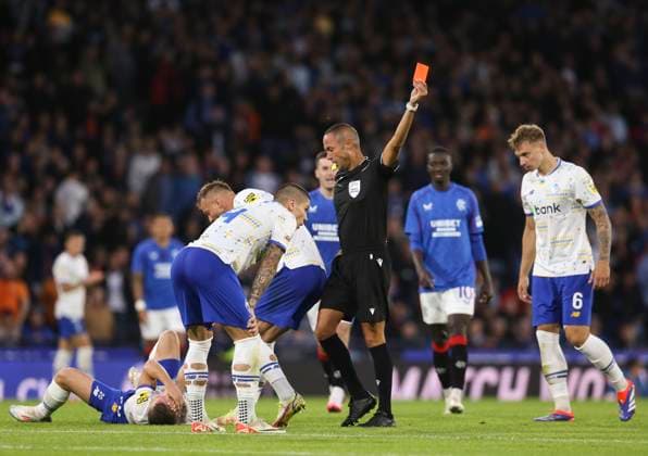 Football - 2024 2025 UEFA Champions League - Third Qualifying Round - Second Leg - Glasgow Rangers vs Dynamo Kyiv - Hampden Park - Tuesday 13th August 2024 Jefte of Rangers is shown a red card 
