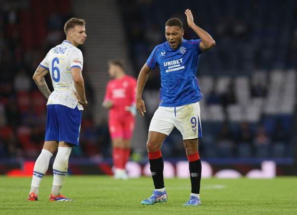 Football - 2024 2025 UEFA Champions League - Third Qualifying Round - Second Leg - Glasgow Rangers vs Dynamo Kyiv - Hampden Park - Tuesday 13th August 2024 Cyriel Dessers of Rangers reacts after Jefte of Rangers is shown a red card 
