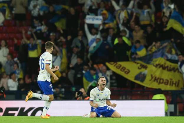 Football - 2024 2025 UEFA Champions League - Third Qualifying Round - Second Leg - Glasgow Rangers vs Dynamo Kyiv - Hampden Park - Tuesday 13th August 2024 Oleksandr Pikhalyonok of Dynamo Kyiv celebrates after scoring to make it 1-0 