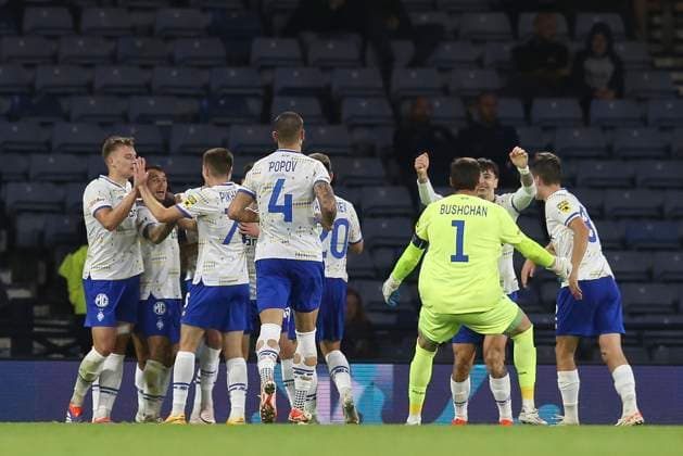 Football - 2024 2025 UEFA Champions League - Third Qualifying Round - Second Leg - Glasgow Rangers vs Dynamo Kyiv - Hampden Park - Tuesday 13th August 2024 Nazar Voloshyn of Dynamo Kyiv celebrates after scoring to make it 2-0 