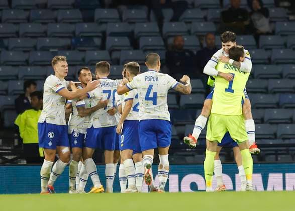 Rangers v FC Dynamo Kyiv UEFA Champions League Nazar Voloshyn of FC Dynamo Kyiv (second from left) celebrates scoring his teams second goal with team mates during the UEFA Champions League Third Qualifying Round Second Leg match at Hampden Park, Glasgow UK Newspapers OUT Copyright: xFredxPalmerx FIL-20489-0109