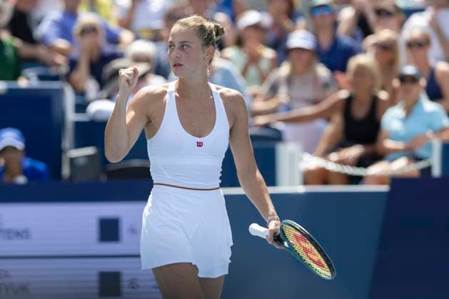 August 13, 2024, Mason, Oh, USA: 2024 Cincinnati Open Tennis, 2024 08 13 - Marta Kostyuk celebrates winning the match against opponent Elise Mertens. ZUMAPress Mason USA - ZUMAn24_ 20240813_zaf_n24_086 Copyright: xWallyxNellx