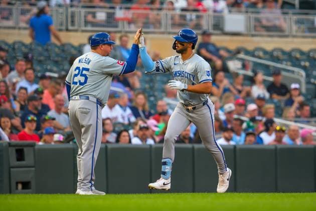 August 13, 2024, Minneapolis, Minnesota, USA: Kansas City Royals left fielder MJ MELENDEZ (1) celebrates a solo home run during a MLB, Baseball Herren, USA game between the Minnesota Twins and the Kansas City Royals at Target Field. The Twins won 13-3. Minneapolis USA - ZUMAg254 20240813_zsp_g254_021 Copyright: xStevenxGarciax