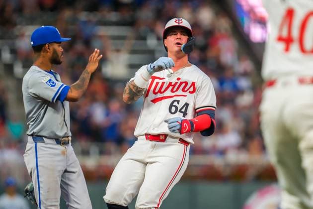 August 13, 2024, Minneapolis, Minnesota, USA: Minnesota Twins third baseman JOSE MIRANDA (64) celebrates a triple during a MLB, Baseball Herren, USA game between the Minnesota Twins and the Kansas City Royals at Target Field. The Twins won 13-3. Minneapolis USA - ZUMAg254 20240813_zsp_g254_071 Copyright: xStevenxGarciax