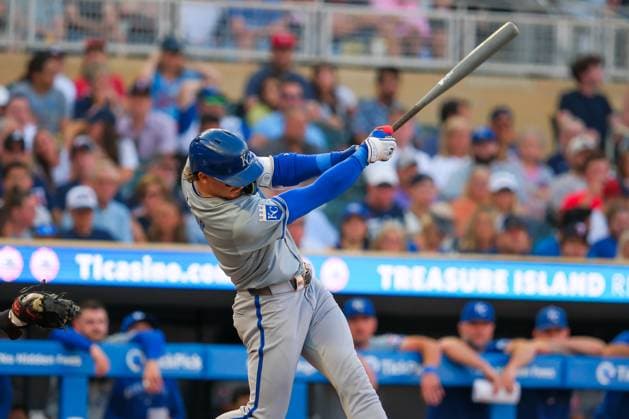 August 13, 2024, Minneapolis, Minnesota, USA: Kansas City Royals shortstop BOBBY WITT JR. (7) hits for a single during a MLB, Baseball Herren, USA game between the Minnesota Twins and the Kansas City Royals at Target Field. The Twins won 13-3. Minneapolis USA - ZUMAg254 20240813_zsp_g254_080 Copyright: xStevenxGarciax