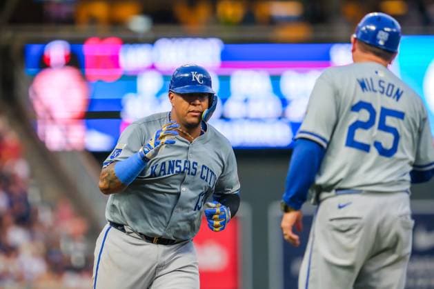 August 13, 2024, Minneapolis, Minnesota, USA: Kansas City Royals catcher SALVADOR PEREZ (13) celebrates a solo home run during a MLB, Baseball Herren, USA game between the Minnesota Twins and the Kansas City Royals at Target Field. The Twins won 13-3. Minneapolis USA - ZUMAg254 20240813_zsp_g254_104 Copyright: xStevenxGarciax