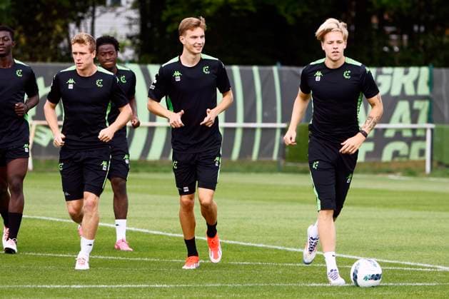 Cercle Brugge v Molde - UEFA Europa League - media activities BRUGGE, BELGIUM - AUGUST 14 : Daland Jesper defender of Cercle Brugge with Somers Thibo forward of Cercle Brugge and Ravych Christiaan defender of Cercle Brugge pictured during a training session prior the UEFA Europa League third qualifying round 2nd leg match between Cercle Brugge and Molde on August 14, 2024 in Brugge, Belgium, 14 08 2024 Brugge Belgium  Copyright: xJanxDexMeuleneirx