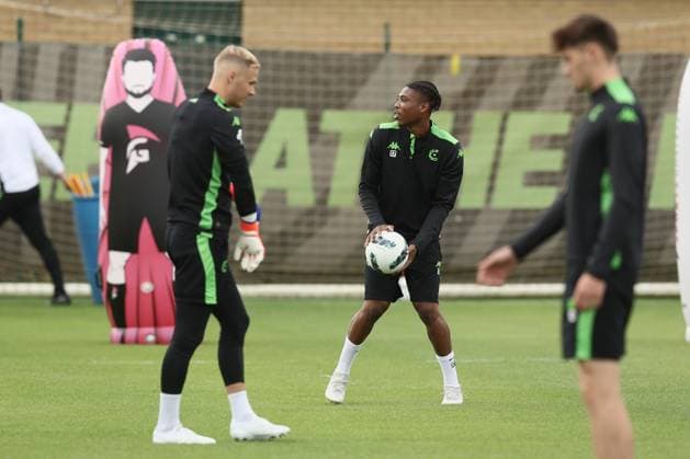 Cercle s Abu Francis pictured during a training session of Belgian soccer team Cercle Brugge KSV, Wednesday 14 August 2024 in Brugge. The team is preparing for tomorrow s match against Norwegian Molde FK, the return game in the third qualifying round for the UEFA Europa League competition. Molde won the first leg 3-0. BRUNOxFAHY  x98436445x