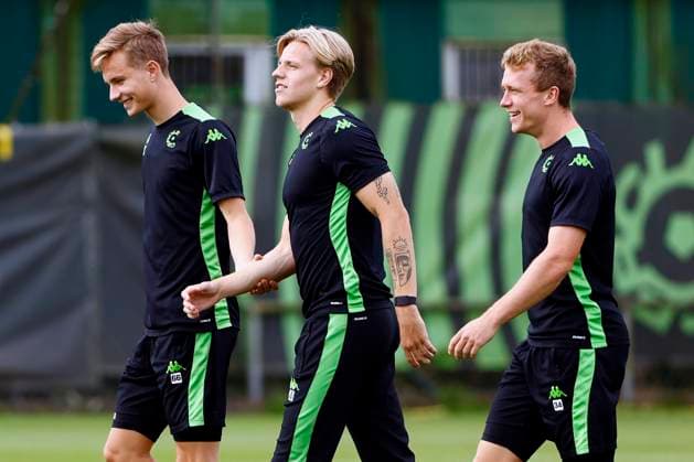 Cercle Brugge v Molde - UEFA Europa League - media activities BRUGGE, BELGIUM - AUGUST 14 : Ravych Christiaan defender of Cercle Brugge, Daland Jesper defender of Cercle Brugge and Somers Thibo forward of Cercle Brugge pictured during a training session prior the UEFA Europa League third qualifying round 2nd leg match between Cercle Brugge and Molde on August 14, 2024 in Brugge, Belgium, 14 08 2024 Brugge Belgium  Copyright: xJanxDexMeuleneirx