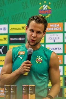 SOCCER - UEFA EL, Rapid vs Trabzonspor VIENNA,AUSTRIA,14.AUG.24 - SOCCER - UEFA Europa League, qualification, SK Rapid Wien vs Trabzonspor Kuluebue, preview, press conference, PK, Pressekonferenz Rapid. Image shows Luis Schaub (Rapid).  GEPAxpictures xManuelxBinder