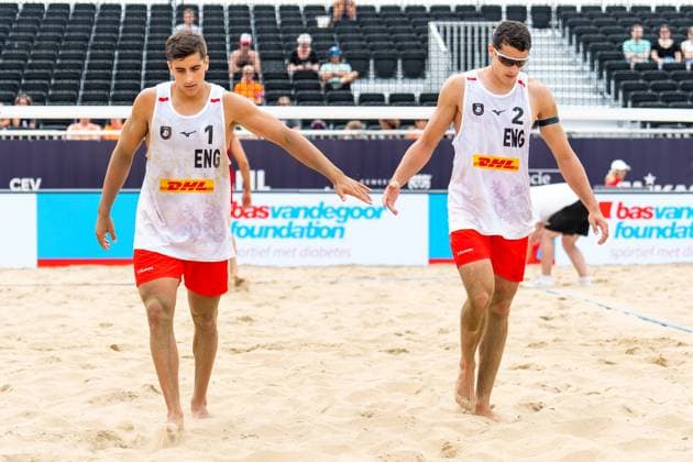 2024-08-14 CEV Beach volleyball, Beachvolleyball European Championships - Day 2 THE HAGUE, NETHERLANDS - AUGUST 14: Javier Bello of England and Joaquin Bello of England during Day 2 of the CEV Beach Volleyball European Championships at The Hague Beach Stadium on August 14, 2024 in The Hague, Netherlands. (Photo by Joris Verwijst BSR Agency) The Hague Netherlands Content not available for redistribution in The Netherlands directly or indirectly through any third parties. Copyright: xBSRxAgencyx
