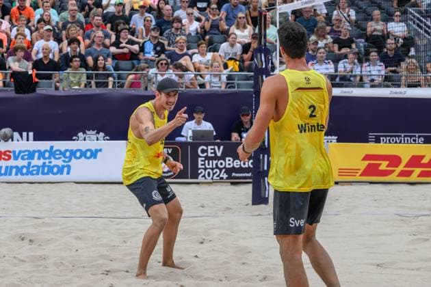 European Championships Beach-Volleyball, 14.08.2024, Arnhem Lukas Pfretzschner (GER), Sven Winter (GER); European Championships Beach-Volleyball, Arnhem am 14.08.2024 Copyright: xBEAUTIFULxSPORTS PeterxWeberx