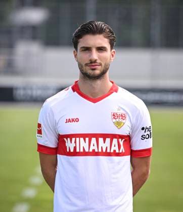 FUSSBALL 1. BUNDESLIGA 13.08.2024 Portraettermin 2024 2025 beim VfB Stuttgart auf dem Trainingsgelaende: Leonidas Stergiou; VfB Stuttgart