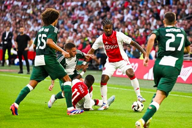 AMSTERDAM - Willian Arao of Panathinaikos , Daniel Mancini of Panathinaikos, Carlos Forbs of Ajax, Jorrel Hato of Ajax, Giannis Kotsiras of Panathinaikos (l-r) during the 3rd qualifying round UEFA Europa League match between Ajax and Panathinaikos at Johan Cruijff ArenA on August 15, 2024 in Amsterdam. ANP OLAF KRAAK Ajax Amsterdam v Panathinaikos 2024 35 xVIxANPxSportx xxANPxIVx 506070586 originalFilename: 506070586.jpg