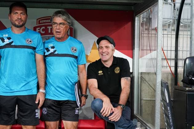 Fussball: UEFA EURO, EM, Europameisterschaft,Fussball LEAGUE 2024 2025 - 3. Qualifikationsrunde FC LUGANO (SUI) vs. PARTIZAN BELGRAD (SRB), Arena Thun, Schweiz: Trainer Mattia Croci Torti (FC Lugano) Thun SUI Copyright: xJOERANxSTEINSIEKx