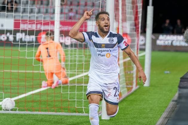 Fussball: UEFA EURO, EM, Europameisterschaft,Fussball LEAGUE 2024 2025 - 3. Qualifikationsrunde FC LUGANO (SUI) vs. PARTIZAN BELGRAD (SRB), Arena Thun, Schweiz: Torjubel nach dem 2:2 Ausgleich durch das Tor von Mohammed Abdullah (Lugano 29) Thun SUI Copyright: xJOERANxSTEINSIEKx