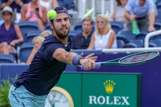 August 15, 2024, Mason, Ohio, U.S: Karen Khachanov (RUS) reaches to return a shot during ThursdayÃ¢â‚¬â ¢s round of the Cincinnati Open at the Lindner Family Tennis Center , Mason, Oh. Mason USA - ZUMAs304 20240815_zaf_s304_037 Copyright: xScottxStuartx
