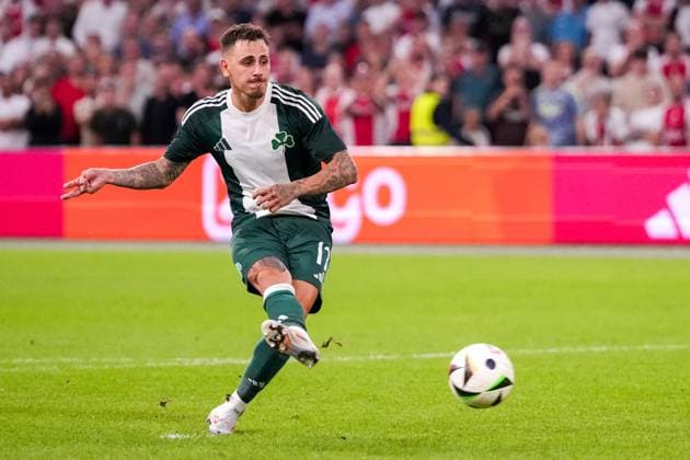 2024-08-15 AFC Ajax v Panathinaikos FC - UEFA Champions League Third Qualifying Round 2nd Leg AMSTERDAM, NETHERLANDS - AUGUST 15: Daniel Mancini of Panathinaikos FC shoots a penalty during the UEFA Champions League Third Qualifying Round 2nd Leg match between AFC Ajax and Panathinaikos FC at Johan Cruijff ArenA on August 15, 2024 in Amsterdam, Netherlands. (Photo by Patrick Goosen BSR Agency) Amsterdam Netherlands Content not available for redistribution in The Netherlands directly or indirectly through any third parties. Copyright: xBSRxAgencyx